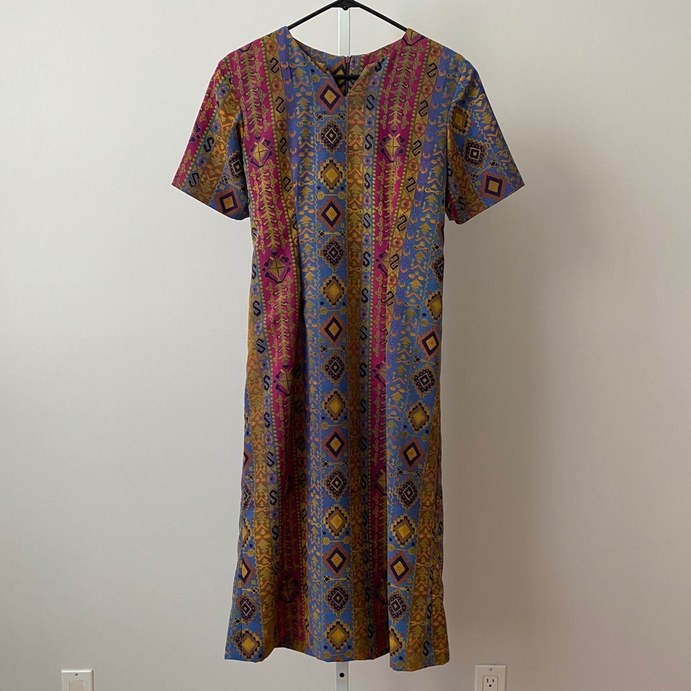 Cottage Cotton Boho Quirky Lagenlook Tribal Geometric Midi Dress Small Blue